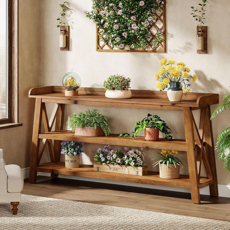 Farmhouse Solid Wood Sofa Console Table with 3-Tier Shelves-Vintage Brown image number 7