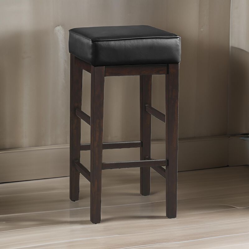 Vin 31 Inch Bar Height Stool, Black Faux Leather Seat, Dark Brown, Set of 2 - Benzara image number 5
