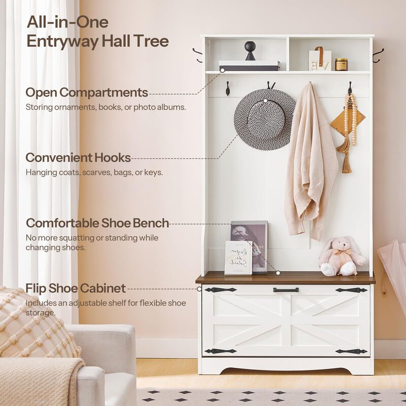 Hall Tree with Coat Rack and Shoe Cabinet, Entryway Unit with Flip Top Drawers image number 7