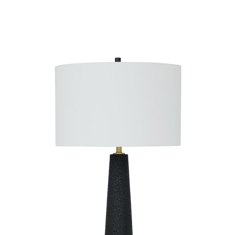 Boe 69 Inch Floor Lamp, White Drum Shade, Black Tapered Cone Resin Base - Benzara