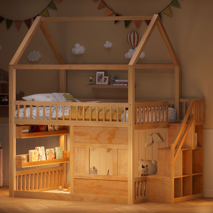 Merax Full Size White Wooden House Bed with Built-in LED Shelf Light