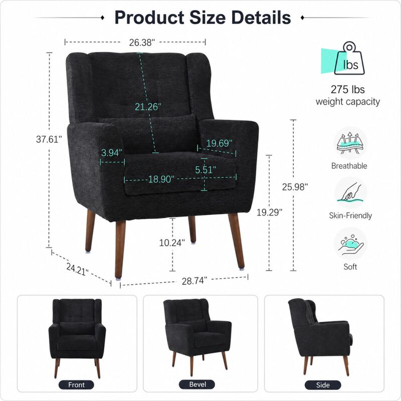 GOODSILO Upholstered Chenille Accent Armchair with Pillow, Comfy Padded Lounge Chair for Small Spaces, Living Room, Bedroom image number 1
