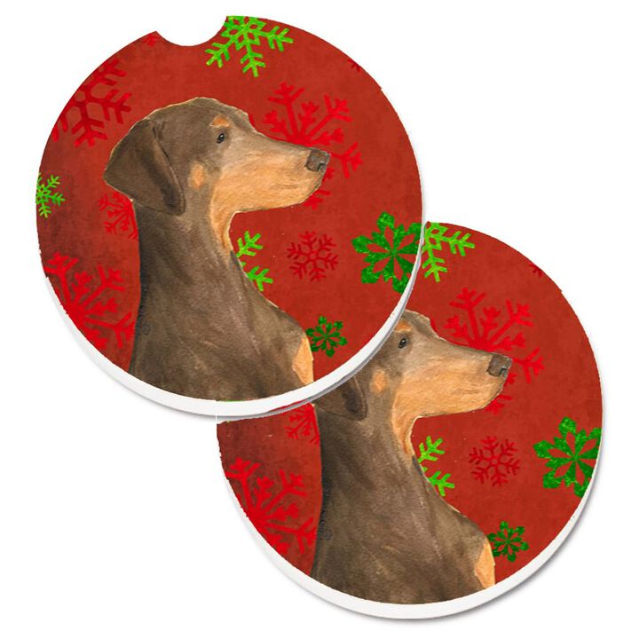 Caroline's Treasures Doberman Red & green Snowflakes Holiday Christmas Set of 2 Cup Holder Car Coasters SS4686CARC, 2.56, Multicolor