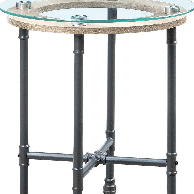 Homezia 24" Sandy Gray And Clear Glass And Metal Round End Table