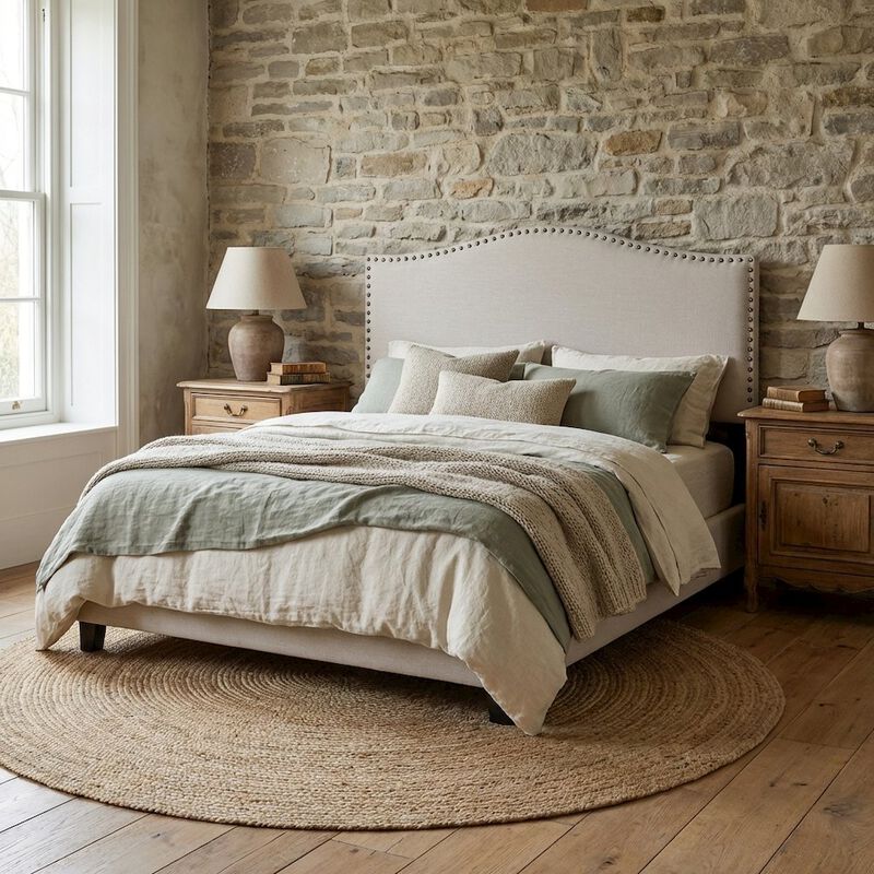 Off White Upholstered King Headboard, Solid Rubberwood Frame image number 1