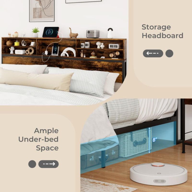 Hivvago Bed Frame with Storage Headboard Industrial Metal Platform Bed