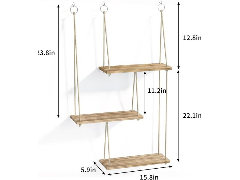 Boho Hanging Plant Shelves Wall 3 Tier Rope Wood Organizer for Home Decor image number 2