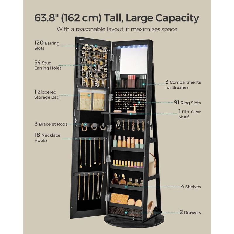 Hivvago Black Wood Jewelry Cabinet Armoire Organizer Freestanding Rotating Mirror