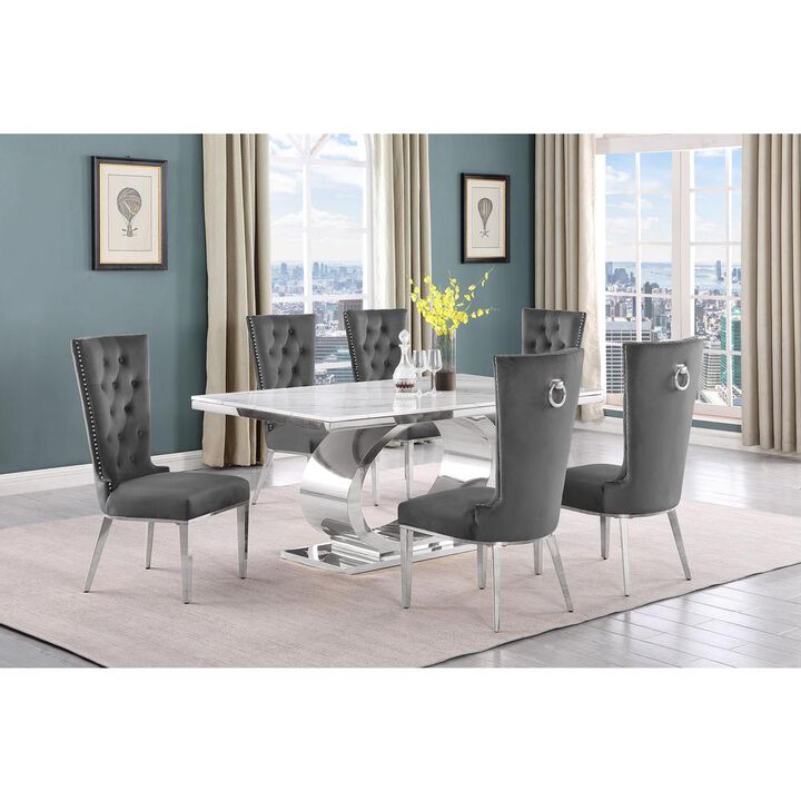 7pc Small(68") marble top dining set with silver base and 6 Dark grey chairs