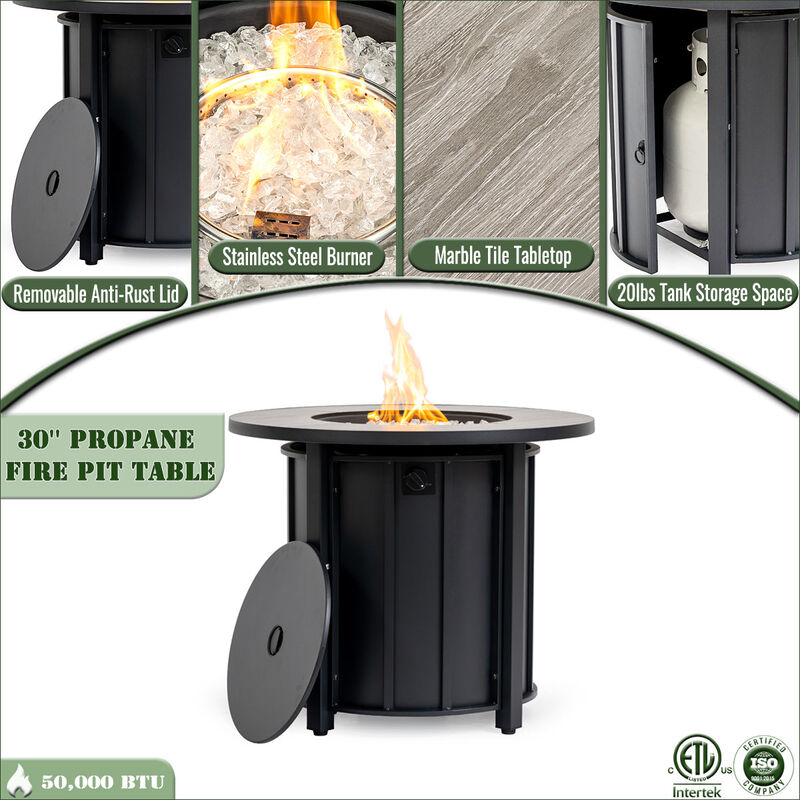30" Propane Gas Fire Pit Table, 50000 BTU Round Steel Fire Pit With Wood Grain Ceramic Table Top