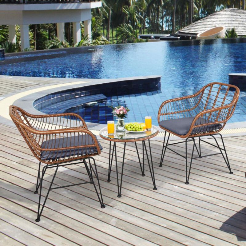 Hivvago 3 Pieces Patio Rattan Bistro Set with Cushion