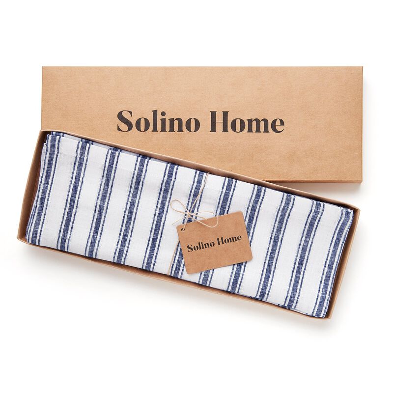 Solino Home Capri Ticking Stripe 100% Linen Placemats &ndash; Set of 4, 14 x 19 in, Machine Washable, Holiday and Everyday Dining