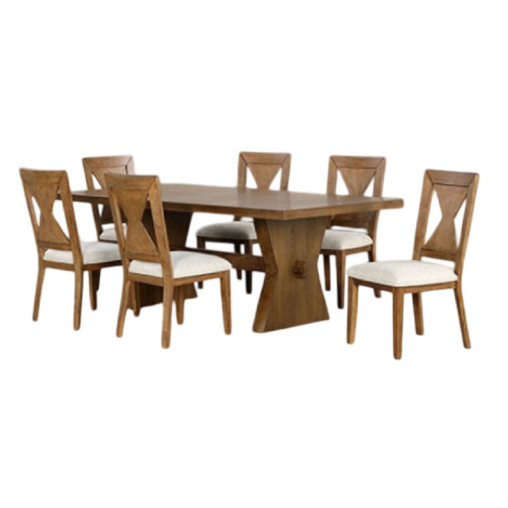 Zivy 7pc Dining Table Set, Modern Farmhouse Oak Brown, 6 Fabric Chairs - Benzara