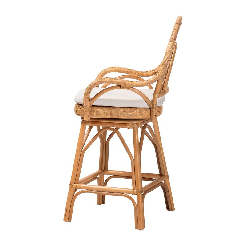 bali & pari Adam Natural Rattan Counter Stool with Cushion - Handwoven Wicker Swivel Bar Chair for Kitchen Island or Lounge Area