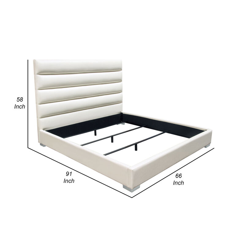 Hela Queen Size Bed, Channel Tufted White Faux Leather Upholstery