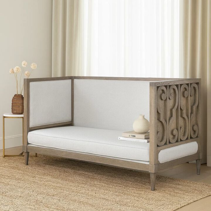 Daybed with Fabric Upholstery and Carvings, Weathered Brown