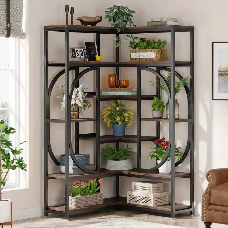 Modern Industrial Corner Bookcase with Metal Frame and Wood Shelves