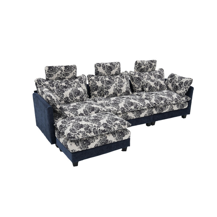 FUFU&GAGA Modern L-Shaped Sofa Set with Ottoman, 3 Lumbar Pillows, 3 Headrests and 2 Throw Pillows, Black & White Floral Fabric, (112.2 in. W x 29.1 in. D x 41.7 in. H), Blue
