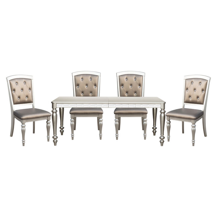 Glamorous Silver Finish Dining Set 5pc Dining Table 4x Side Chairs Crystal Button Tufted Upholstered Modern Style Furniture