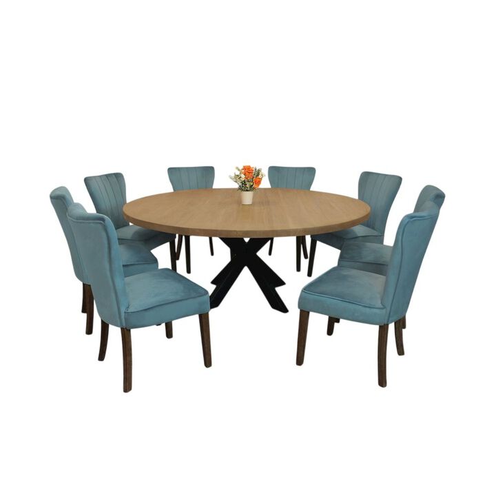 9-Piece 72 Dining Set 8 Cleo Dining Chairs in Teal Velvet Fabric Dark Brown Legs