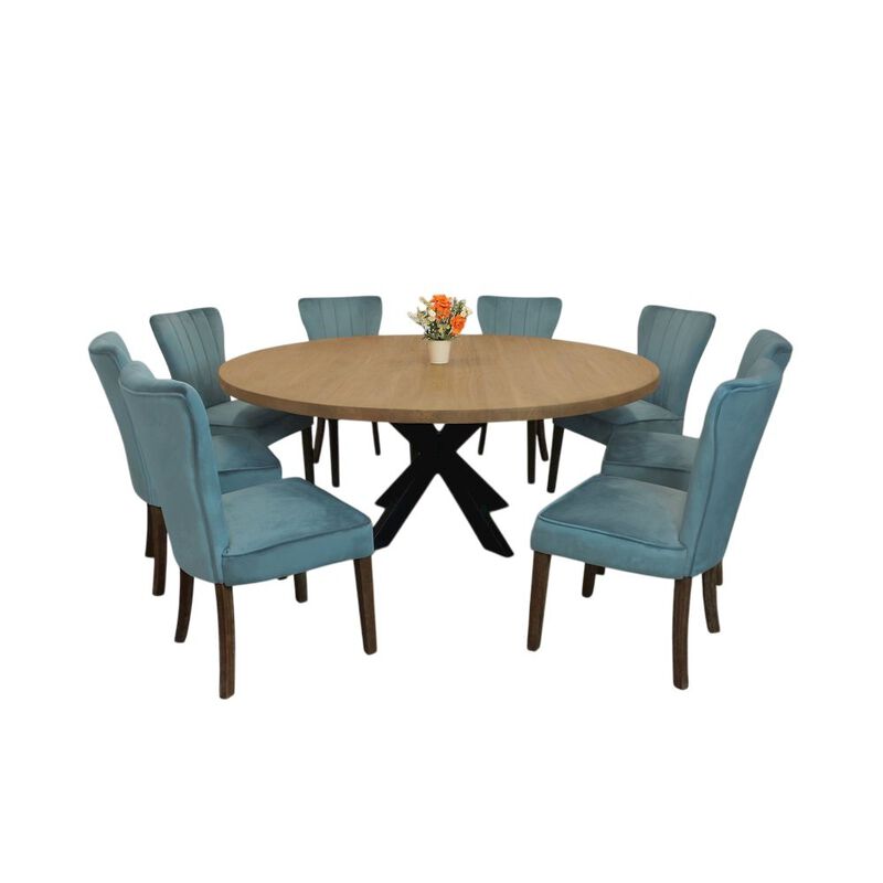 9-Piece 72 Dining Set 8 Cleo Dining Chairs in Teal Velvet Fabric Dark Brown Legs