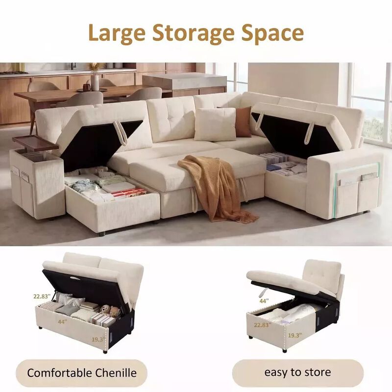 Vipbear 112" U-Shaped 7-Seat Modular Chenille Sectional Sleeper Sofa, Pull Out Bed Reclining Couch image number 2