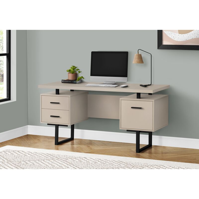 Monarch Specialties Computer Desk, Home Office, Laptop, Left, Right Set-Up, Storage Drawers, 60"L, Work, Metal, Laminate, Beige, Black, Contemporary, Modern