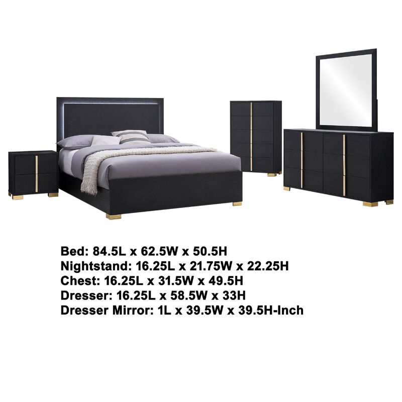 Dex 5pc Queen Bedroom Set with Modern LED Headboard, Mirror, Black