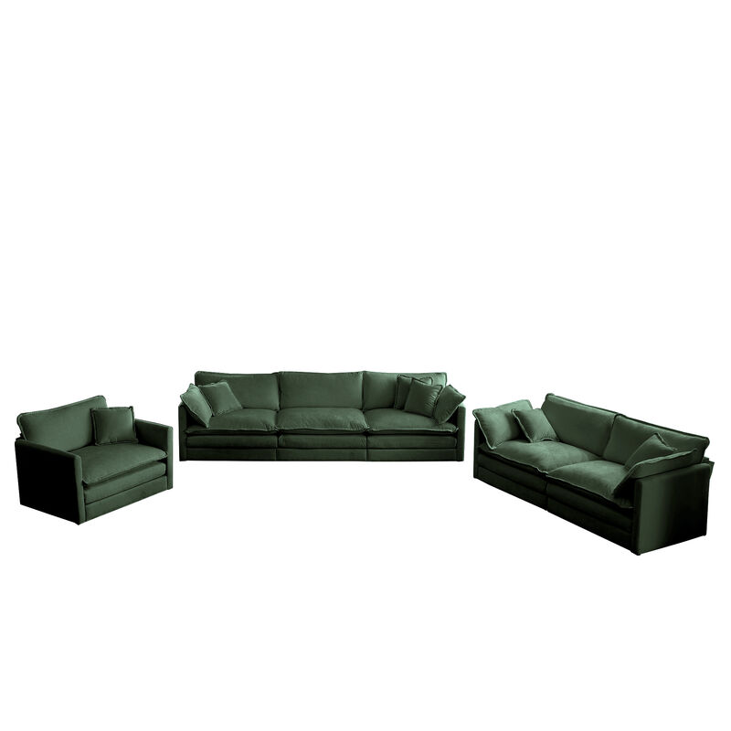 Modern 3-Piece Extra Deep Sectional Sofa Set, Green Chenille Oversized Couch with 3-Seat, Loveseat & Single Chair