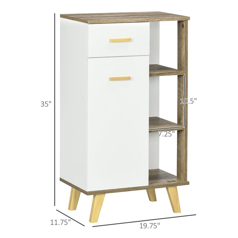 White/Natural Bathroom Storage: Floor Cabinet with Drawer & Shelves