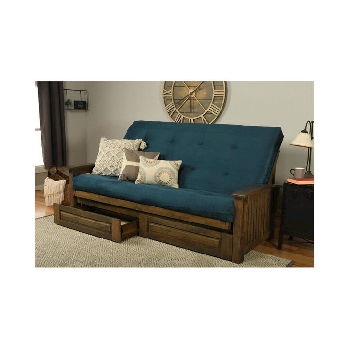 Washington Queen Frame-Rustic Walnut Finish-Suede Navy Mattress-Storage Drawers