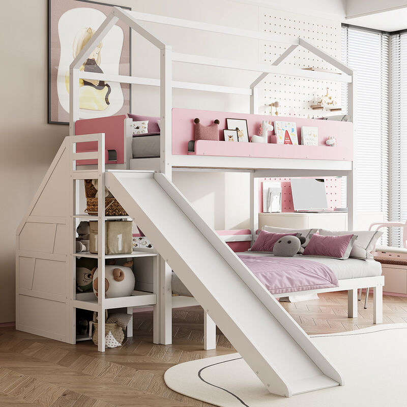 Merax Twin Over Twin/Full House Bunk Bed with Slide & Storage Guardrails image number 2