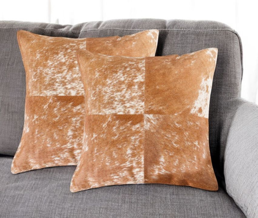 HomeRoots Set of Two 18" Brown and White Cowhide Cowhide Throw Pillows