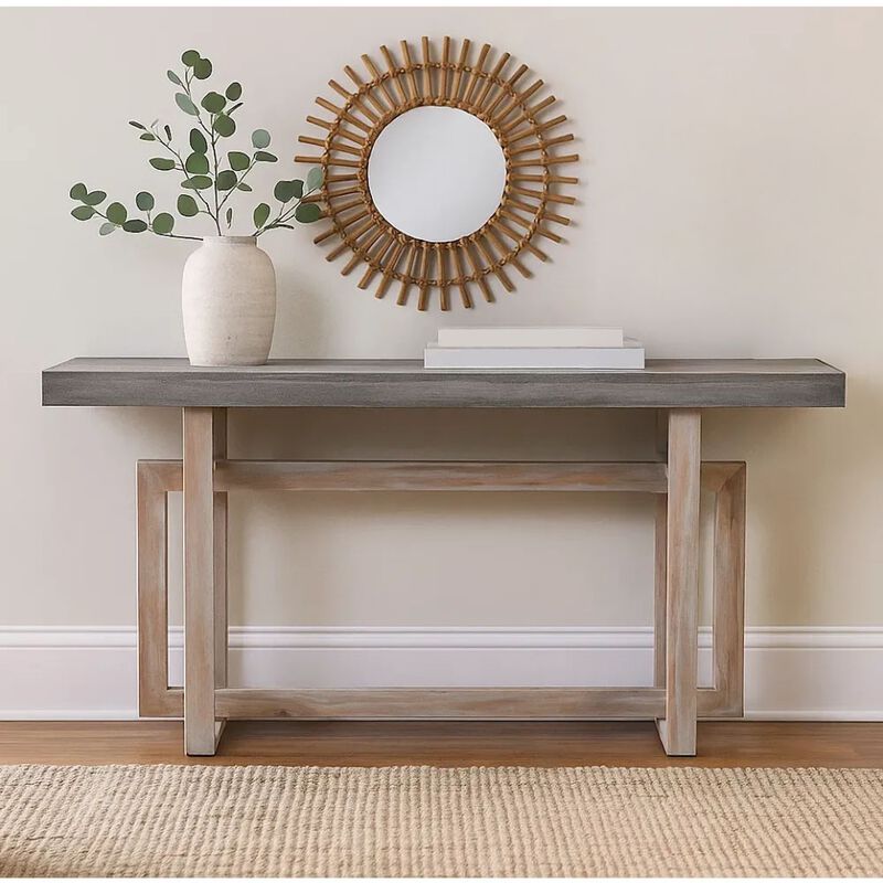 59 Inch Artisan Sideboard Console Table with Geometric Interlocked Base, Distressed Matte Gray