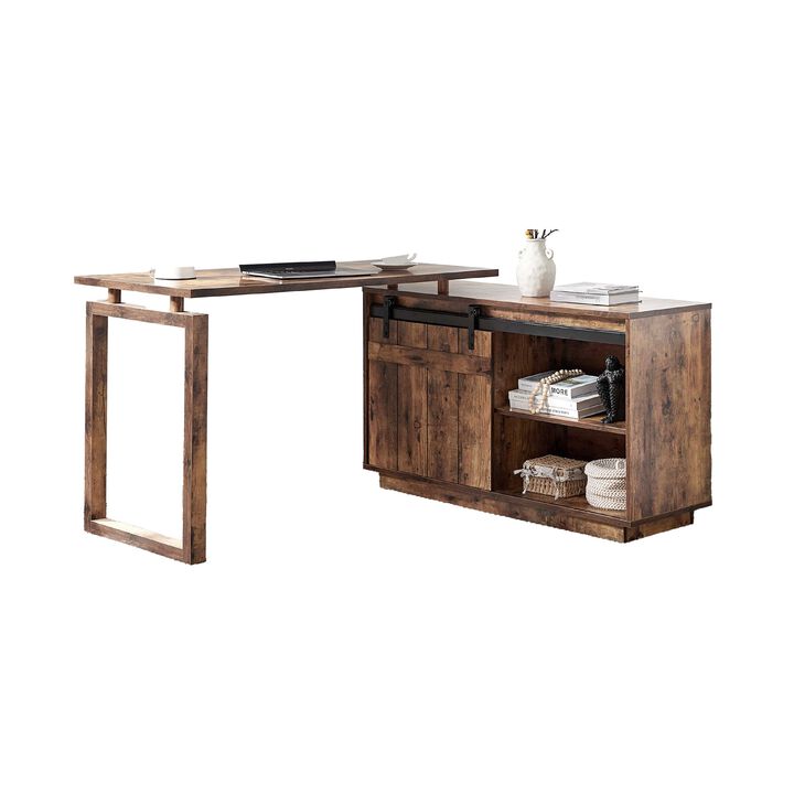 Fior L Shaped Writing Desk, 56 Inch Distressed Brown Wood, Barn Door
