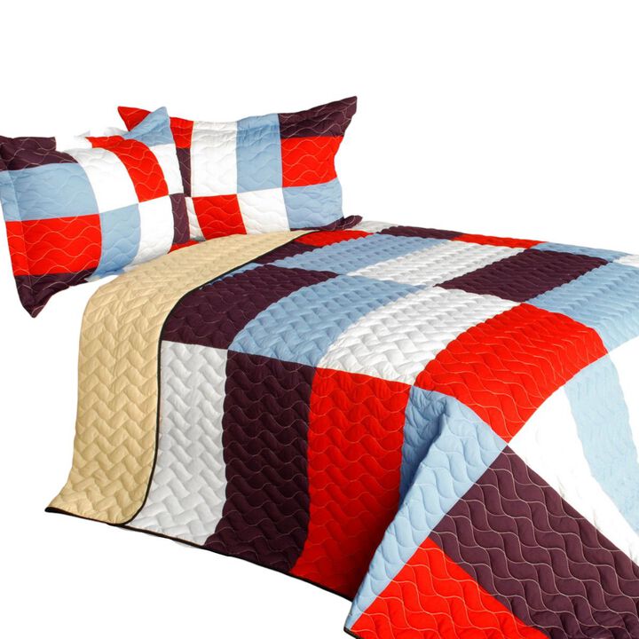 Vermicelli Quilted Geometric Patchwork Quilt Set Queen Size Modern Bedding Set