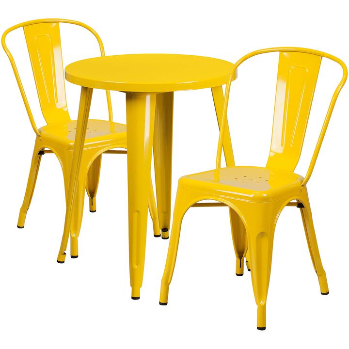 Flash Furniture Commercial Grade 24" Round Yellow Metal Indoor-Outdoor Table Set with 2 Cafe Chairs