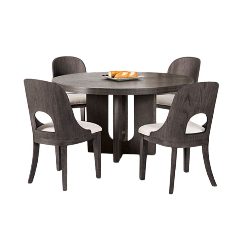Zoko 5pc Round Dining Table Set, White Polyester Chairs, Ash Gray Wood - Benzara