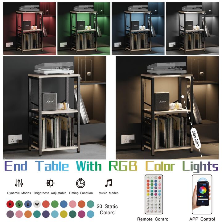YAKANJ End Table with LED Light,Record Player Stand with Albums Storage,Vinyl Records Storage,Turntable Stand Side Table for Mus