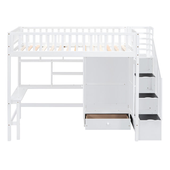 Twin size Loft Bed with Bookshelf, Drawers, Desk, and Wardrobe White