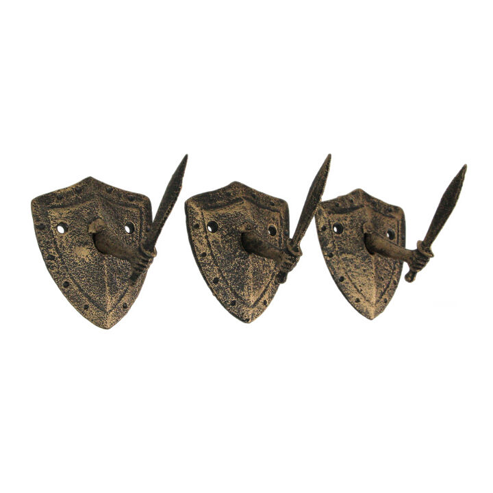 Zeckos Cast Iron Fun Wall Hooks - Set of 3, Bronze Sword & Shield Decorative Hooks for Entryway Wall, Perfect for Swordsman, Cosplay Enthusiast, 3.5x3x4 inches, Antique Bronze Finish