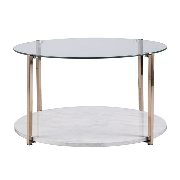 Homezia 33" Gold Glam Glass And Faux Marble Two Tier Round Coffee Table