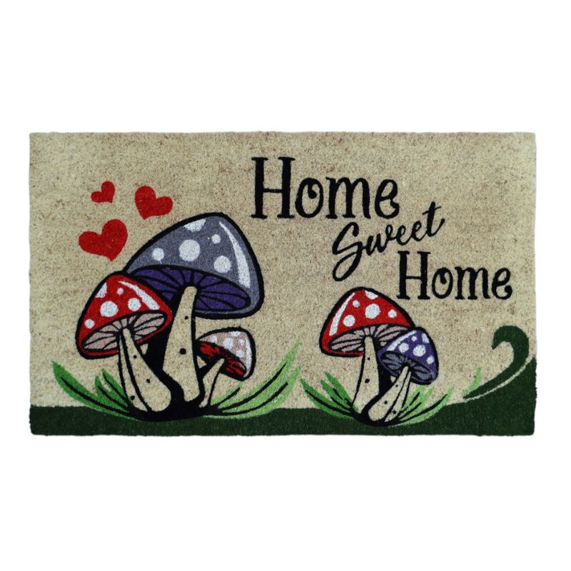 HomeRoots 18" X 30" Beige and Black Coir Mushrooms Home Sweet Home Outdoor Door Mat image number 0