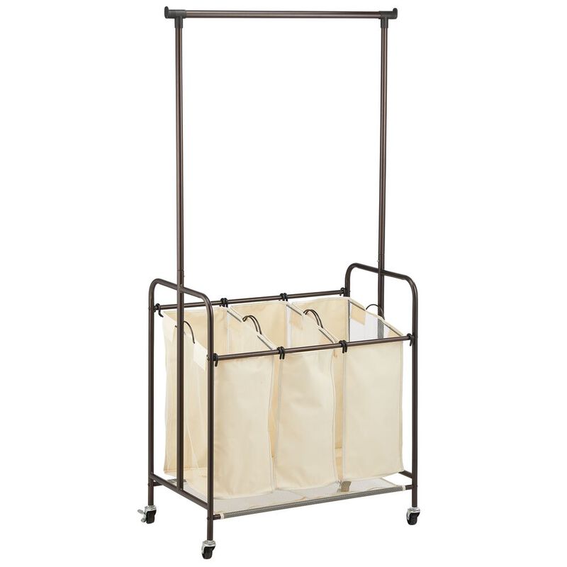 mDesign Portable Laundry Sorter with Wheels/Steel Hanging Bar - Satin/Dark Gray image number 1