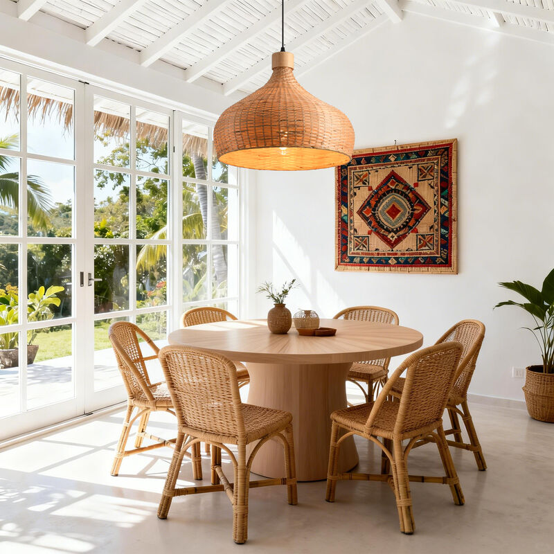 17.7" Boho Handwoven Bamboo Light Brown Dome Pendant Light for Living Room, Dining Room and Kitchen Island