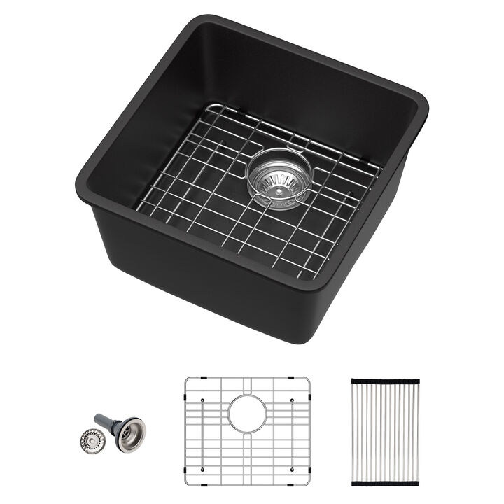 17 in. Black Quartz Composite Undermount Kitchen Sink Single Bowl Prep Bar Basin Round Corner with Bottom Grid