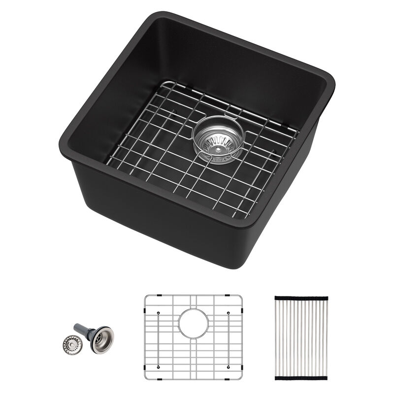 17 in. Black Quartz Composite Undermount Kitchen Sink Single Bowl Prep Bar Basin Round Corner with Bottom Grid image number 0