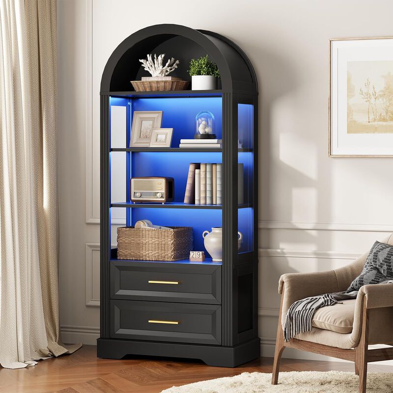 Arched Wooden Bookcase with Lights and 2 Drawers, Storage Display Shelf-Black image number 1