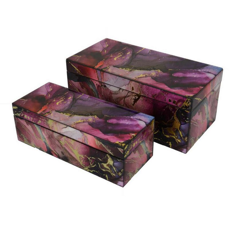 Dory Decorative Box Set of 2, Pink Gold Faux Agate Stone Accent Glass - Benzara