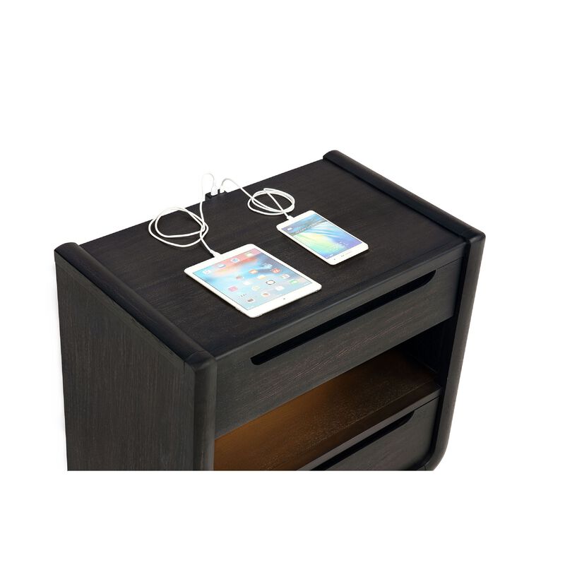 Lina Nightstand with 2 Drawers, LED Light, Dual USB Port, Black Wood image number 6